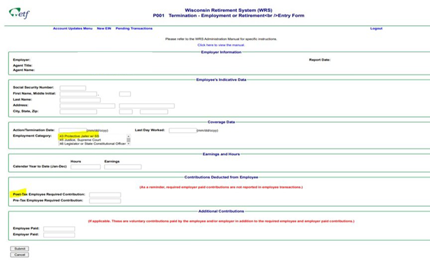 WRS P001 Termination - Employment or Retirement Entry Form screen shot